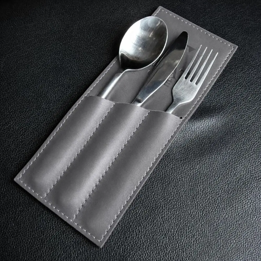 3 Pocket Western Restaurant Fork Cutlery Bag Oil-resistant Rectangular Cutlery Storage Pouch Multi-functional PU Leather