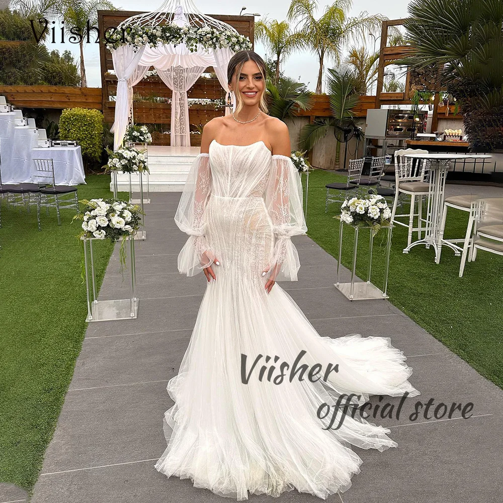 

Viisher Vintage Lace Mermaid Wedding Dresses Sweetheart Illusion Tulle Bridal Gowns Puff Sleeve Long Wedding Bride Dress