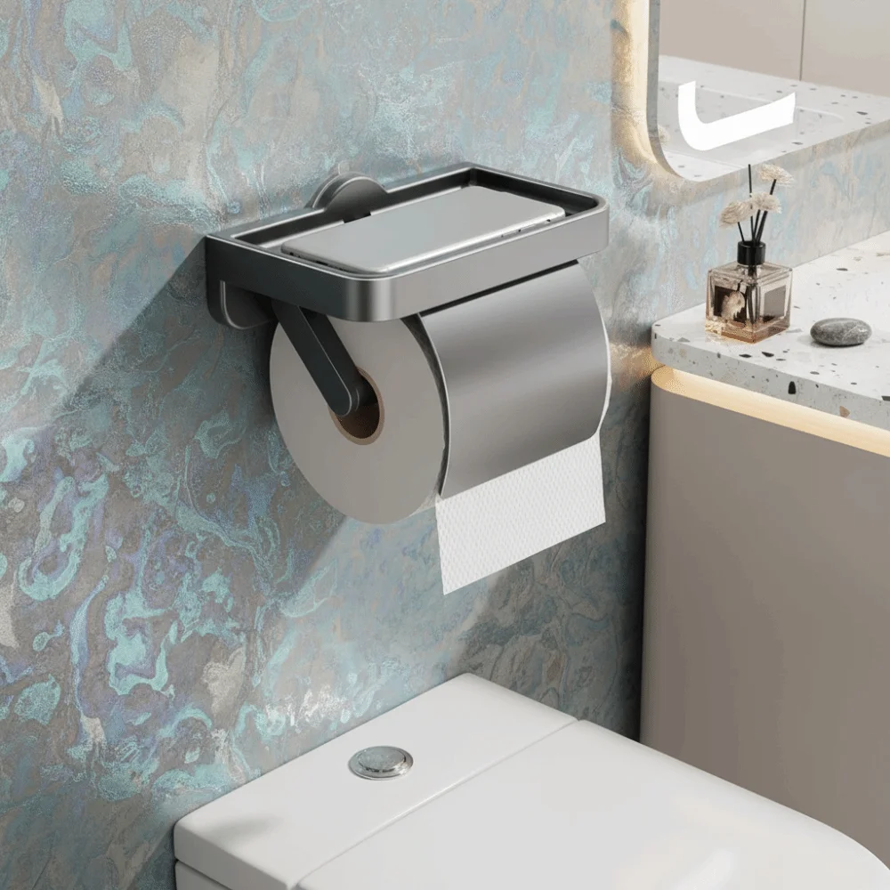 Wall-Mounted Suction Cup Toilet Paper Holder Space Saving No-Drill Paper Roll Storage Shelf Rustproof Phone Storage Tray