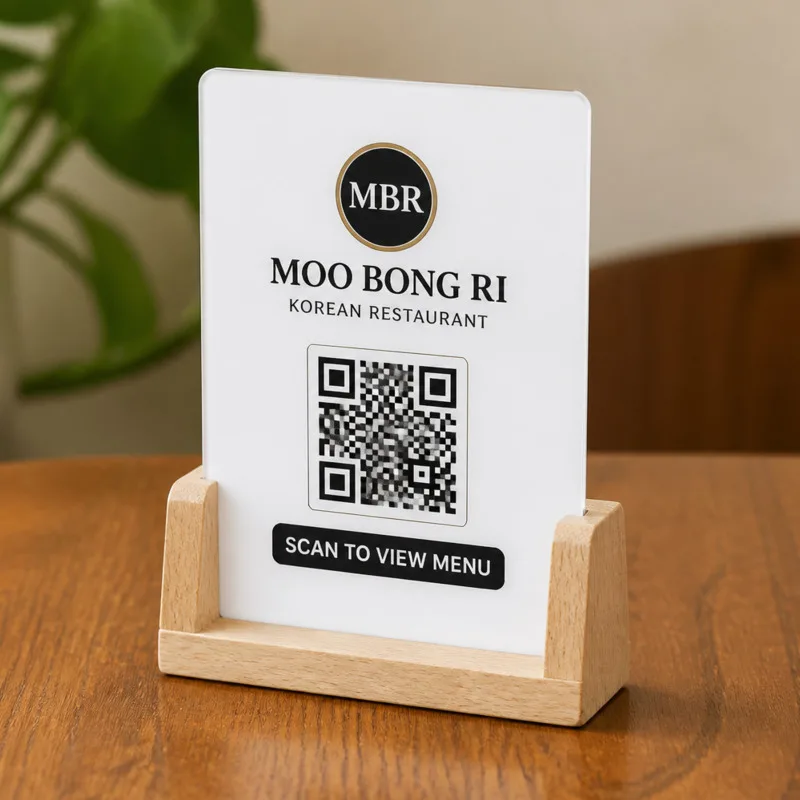 Custom Acrylic QR Menu Display Plaque with Wooden Cradle Base Cafe Restaurant QR Code Menu Stand Black White Acrylic Wood Base