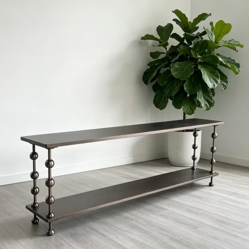 &Modern Double Layer Brushed Copper Stainless Steel Console Table  Metal Frame Entryway Sofa Back Console Shelf for Living Room