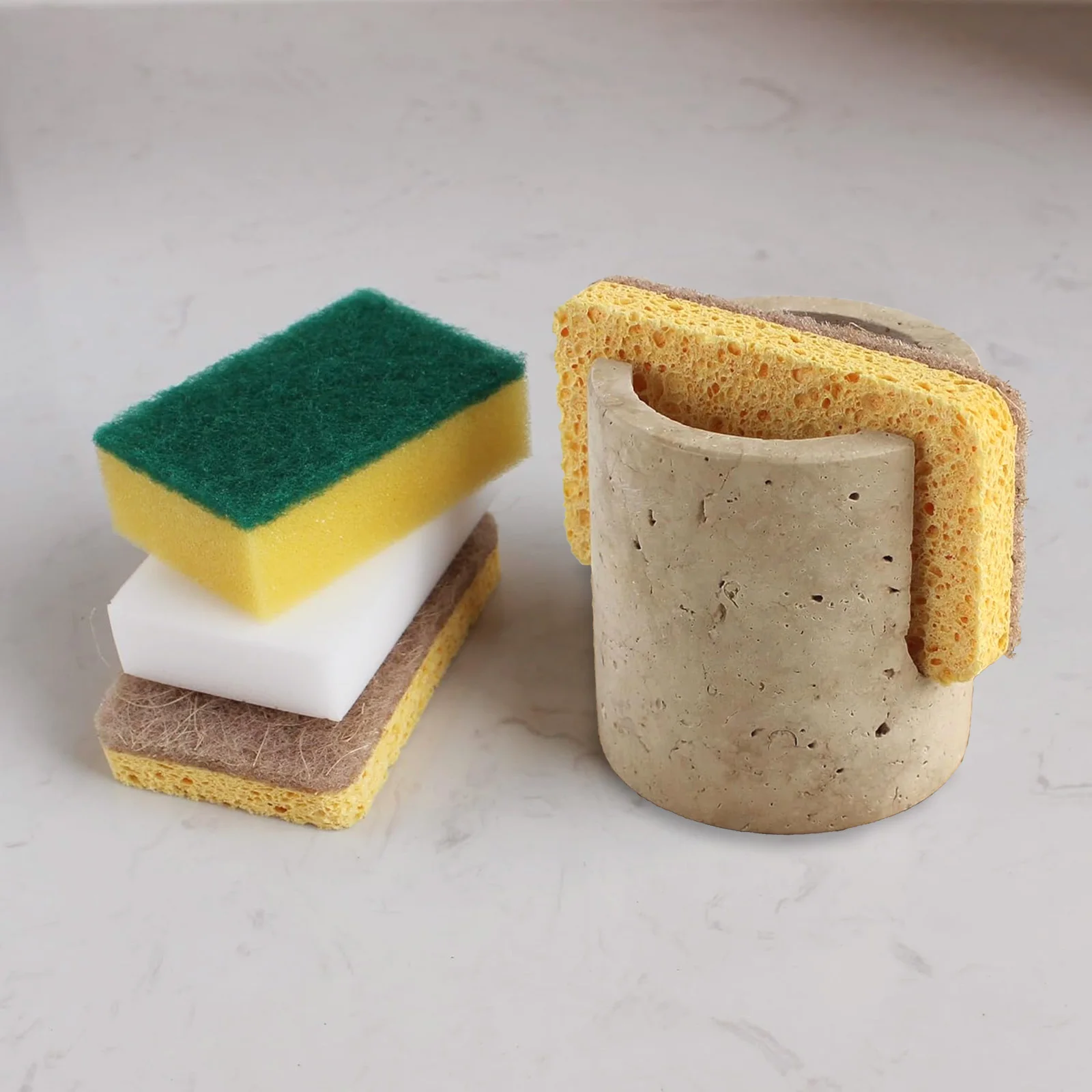 Travertine Sponge & Soap Holder Natural Stone Drainage Rack for Kitchen Sink Countertop Stylish Drying Stand for Sponges Soaps