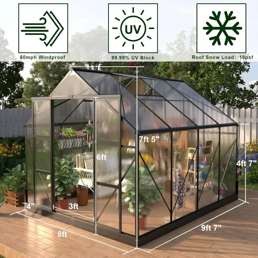 

8x10x7.5 FT Polycarbonate Greenhouse Walk-in Premium Greenhouse Storage Shed Outdoor Aluminum Large Hot House Greenhouses