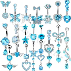 1 Uds. Anillos de cristal azul para ombligo, barra de Piercing para ombligo con forma de corazón de acero inoxidable para mujer, anillo para ombligo de mariposa, joyería de playa