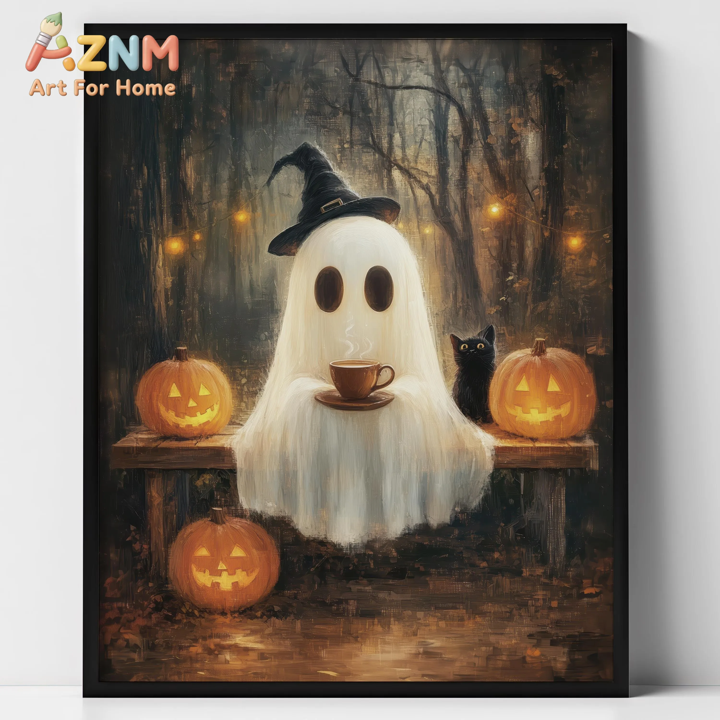 AZNM Funny Cute Ghost Halloween Canvas Wall Art Black Cat Broom Pumpkin Spooky Vintage Oil Painting Style Unframed Canvas Home D