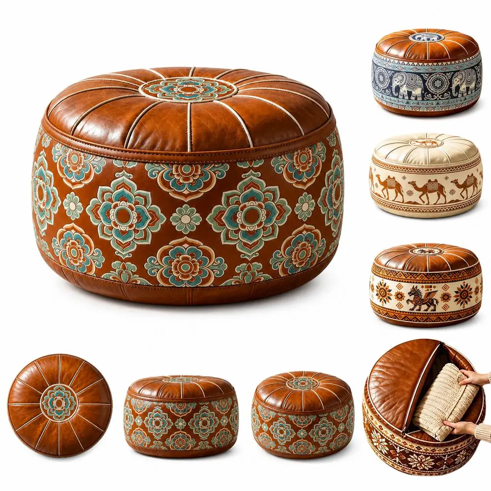 PU Leather Fillable Ottoman Pouf Round Shape Embroidered Pattern Storage Ottoman Moroccan Style Floor Seat Cushion Living Room