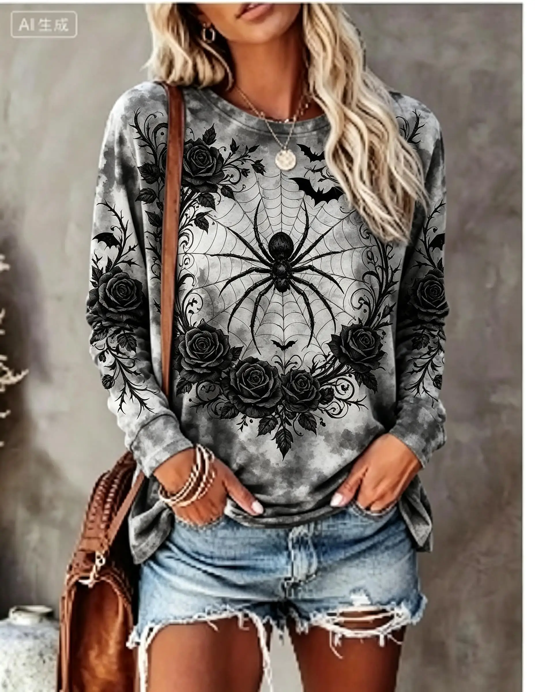 Women Halloween Long Sleeve T‑Shirt Spider Raven Blue Rose Tie‑Dye Gothic Print Crew Neck Tops - view 4