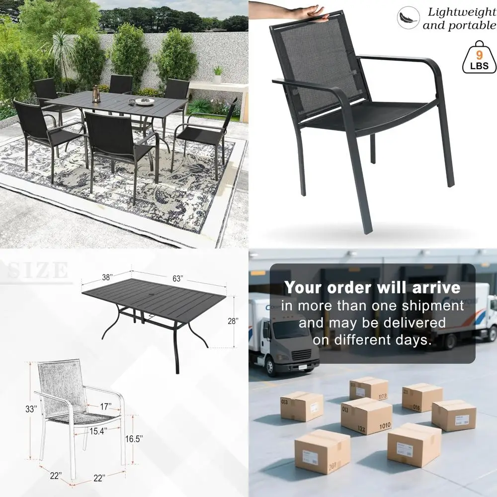 Outdoor Patio Dining Set with 6 Stackable Chairs and Rectangular Table - All Weather Frame Furniture in Black