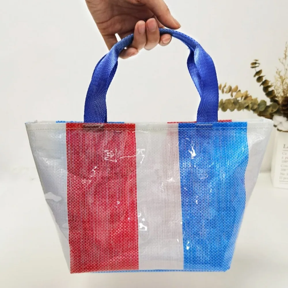 Bolsa de compras tejida ligera, bolsa de almacenamiento de alimentos tricolor portátil, bolsa de almacenamiento de fiambrera impermeable de gran capacidad para mujer