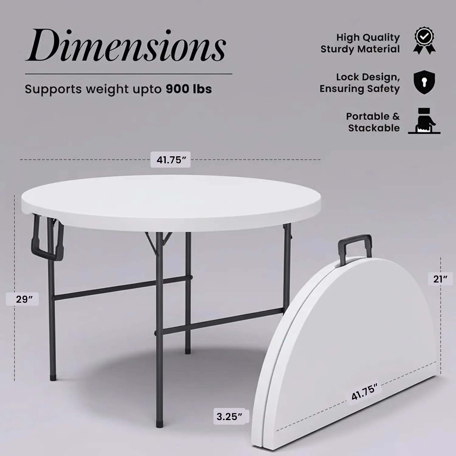 Round Folding Table Utility Dining Desk For Indoor Outdoor Picnic Party Camping Backyard, Heavy Duty Plastic Top Surface Frame With Carry Handle And Steel Legs, Modern Style, White, 2 Pieces