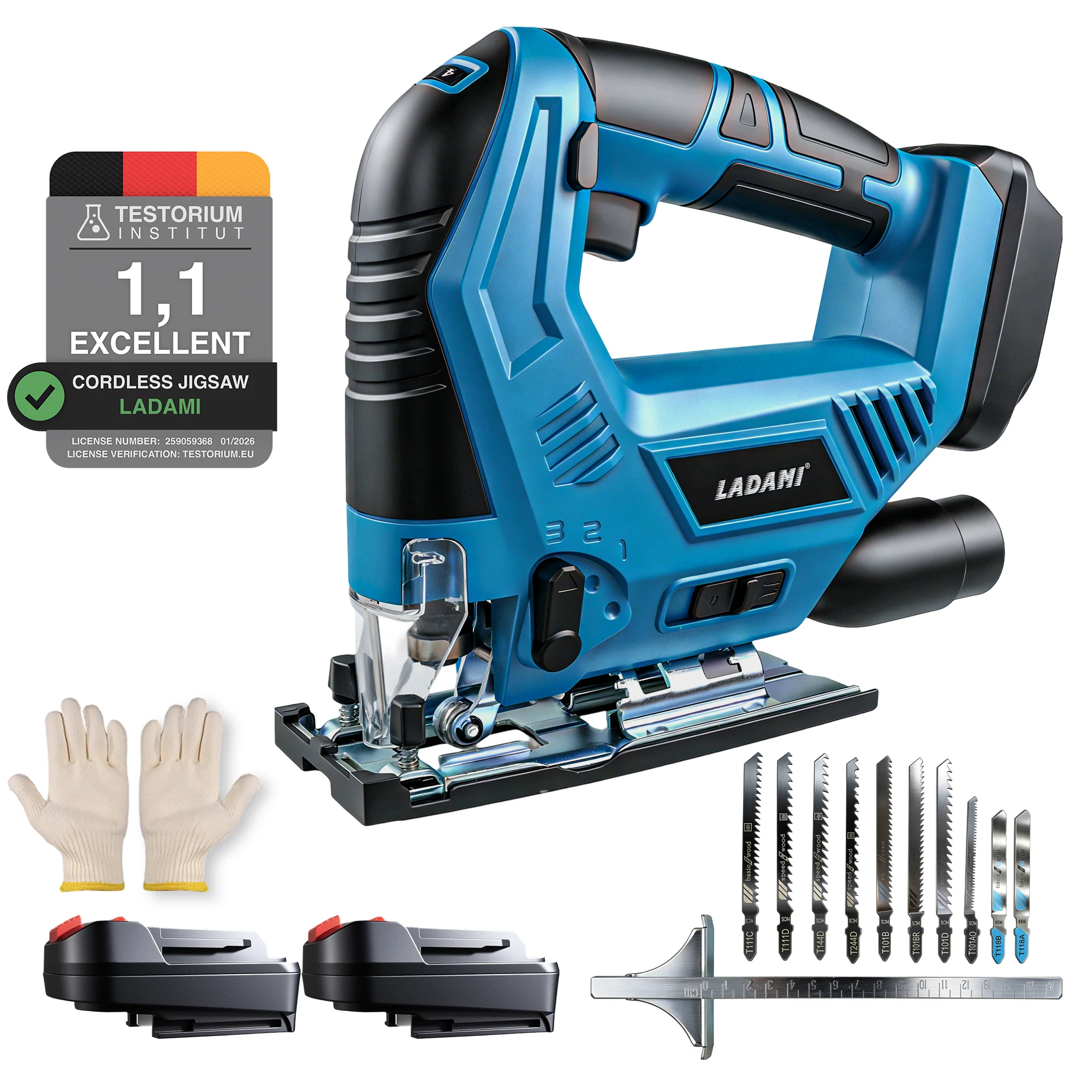 LADAMI Akku-Stichsäge Kompatibel mit Makita 18V Akkus,Akku-Pendelhubstichsäge mit 12 Stichsägeblatt,7 Geschwindigkeiten,max. 45° Schrägschnitte 4-Stufen Pendelhub Stichsägen für Holz,PVC und Metall