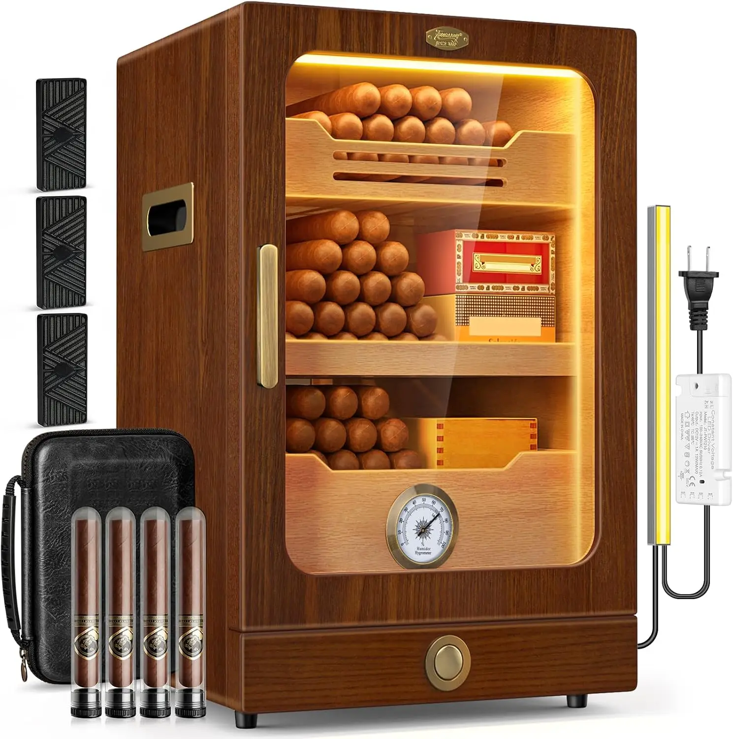 ^For Cigar Humidor, Desktop Cigar Humidor Cabinet Light Control System with Spanish Cedar Wood Shelves, Hygrometer, 3 Humidifier