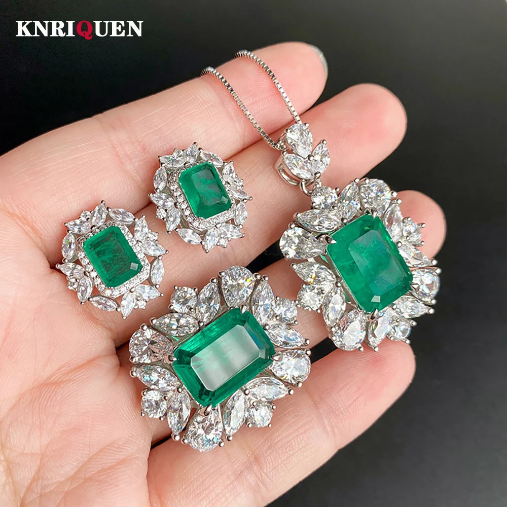 100% 925 Silver Wedding Fine Jewelry Sets for Women Vintage Emerald Gemstone High Carbon Diamond Rings Pendant Necklace Earrings