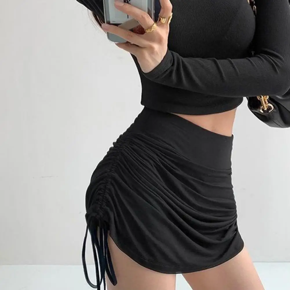 

Women Sexy Short Skirt with Side Drawstring Tie Solid Color High Waist Pleated Skirt Summer Thin Sheath Skirt Female Fashion Clo