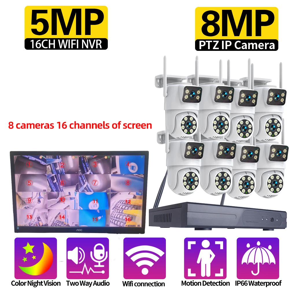 8CH Wireless NVR System Outdoor 4K Dual Lens PTZ Wifi Camera Auto Tracking Home CCTV Security Surveillance Kit 4CH 2 Way Audio