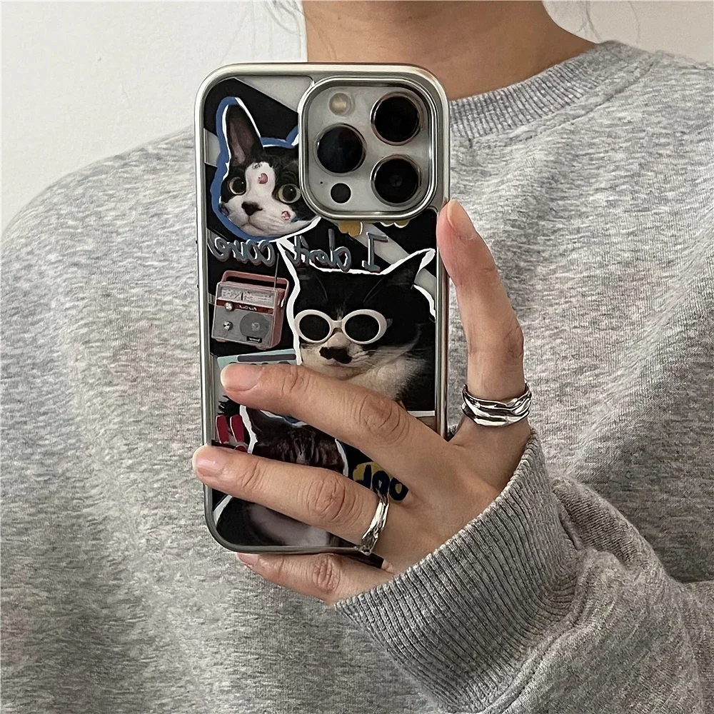 Cute Cool Cartoon Sunglasses Cat Phone Case For iPhone 16 15 14 13 12 11 Pro XS Max X XR 7 8 Plus Y2K Electroplated Frame Cover