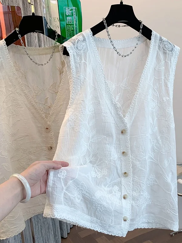 

Лето 2023, новый однотонный жилет с цветочной вышивкой, большой размер, женский универсальный топ с v-образным вырезом на одной пуговице