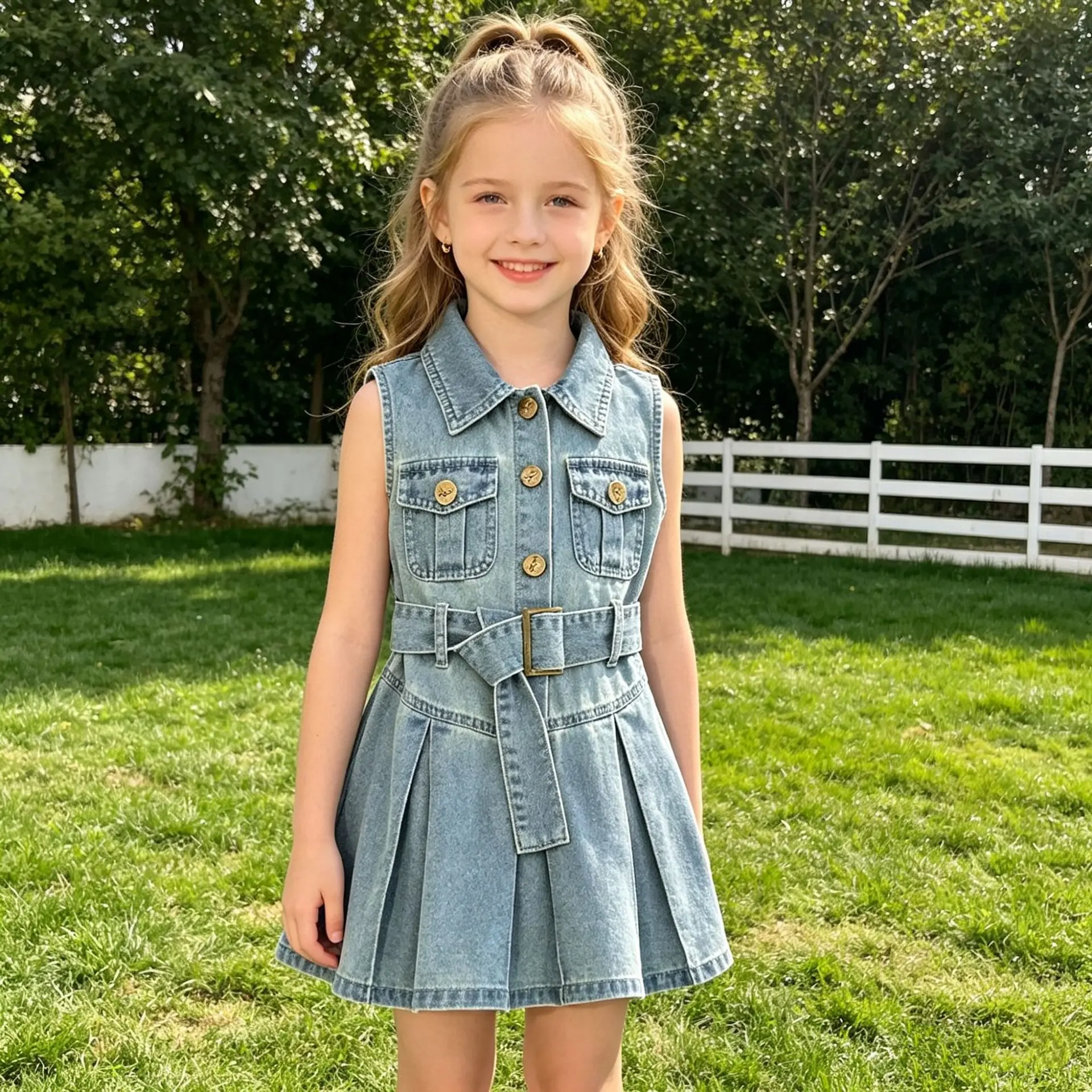 Girls Denim Dress - Sleeveless Button Up Jean Dress with Belt, Pockets, Pleated Skirt for Casual Daily & Party for Spring Summer