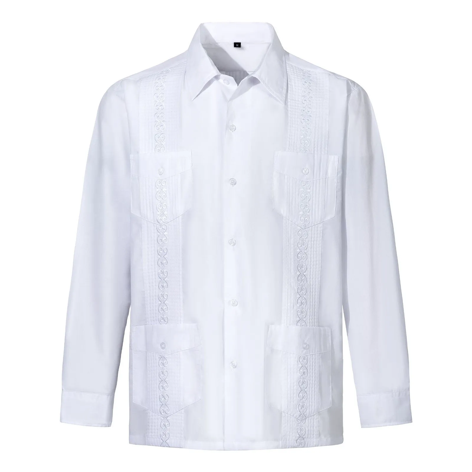 Mens Shirts Spring Autumn Embroidery Solid Color Long Sleeve Turn Down Collar Blouses Pockets Vintage Fitness Shirts Guayabera