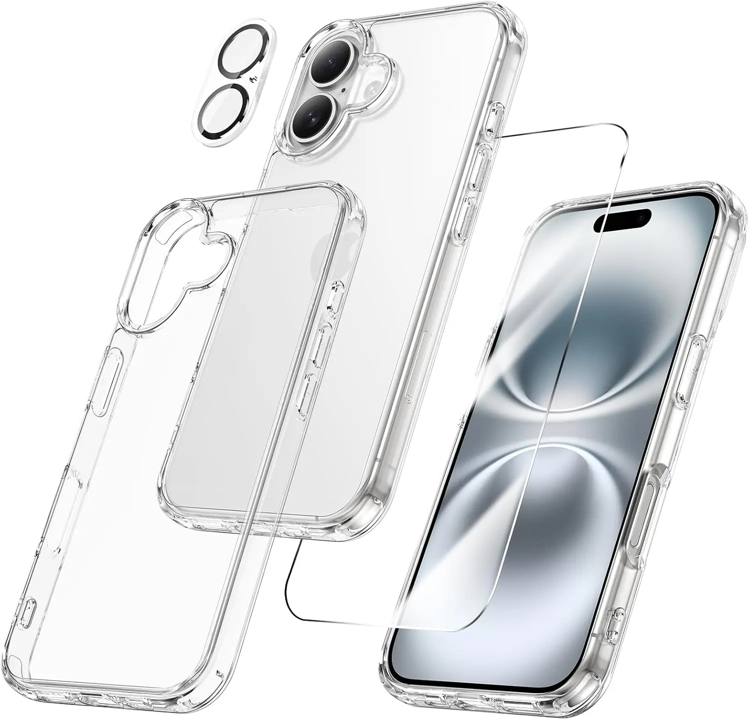 

3-in-1 Clear iPhone 16 Case with Tempered Glass Screen & Camera Protectors, Slim Drop Protection for 6.1 Inch