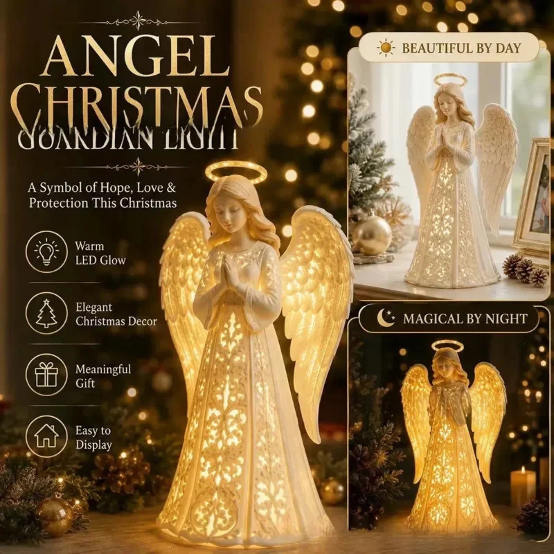 Light Up Christmas Angel Figurine LED Glowing Guardian Angel Statue With Halo Wings Praying Design Indoor Holiday Table Decor