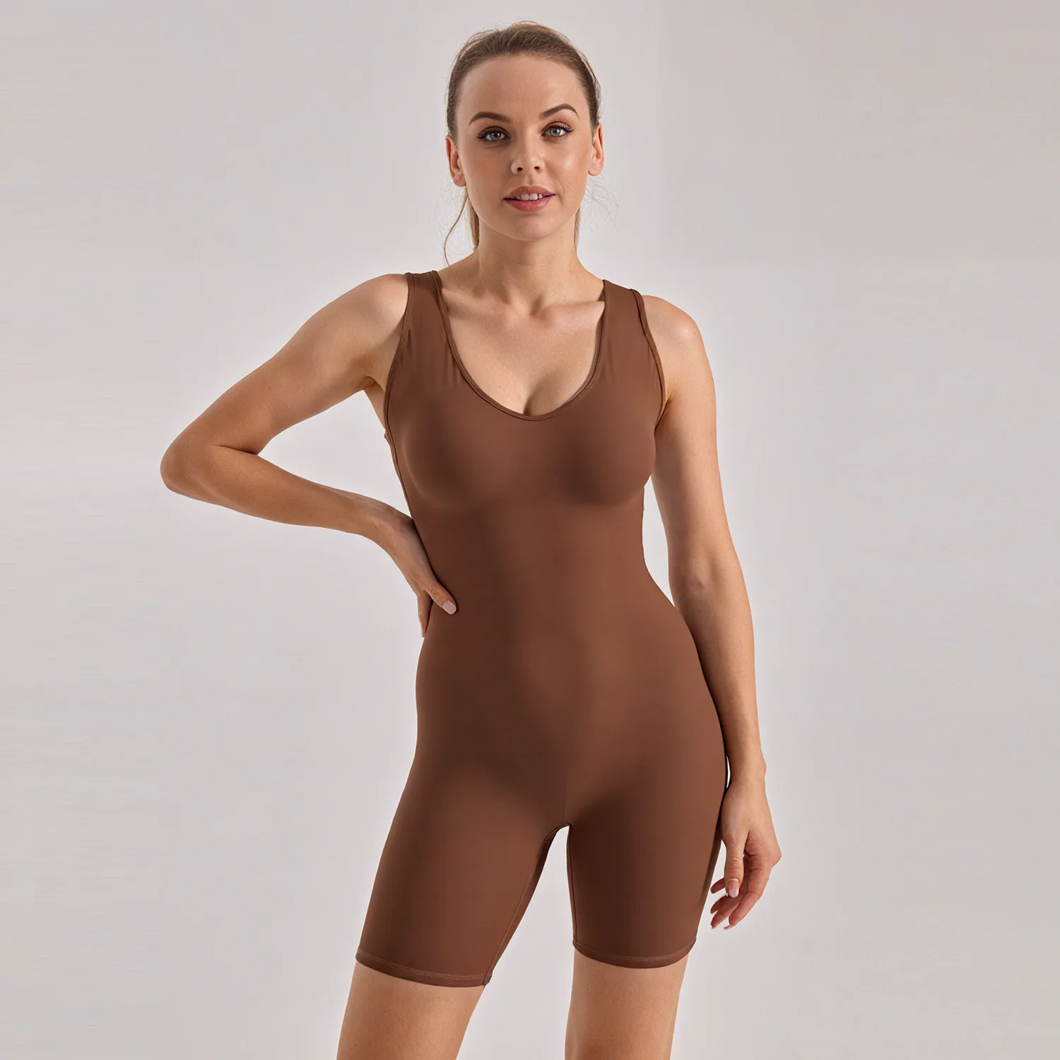 Women V Neck Bodycon One Piece Shorts Crisscross Back Built-in Bra Breathable Running Fitness Sports Jumpsuit