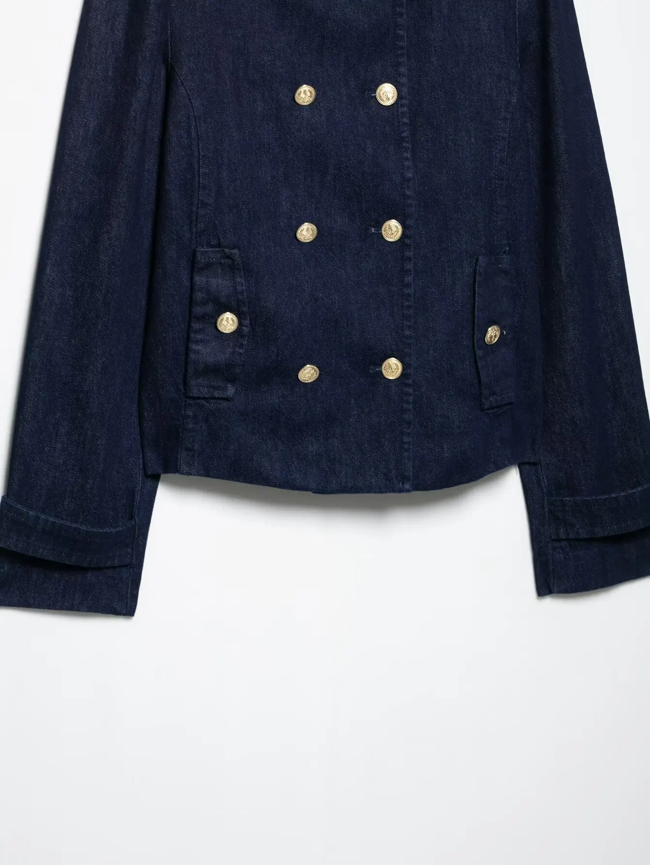 RARA Womens Double Breasted Denim Jacket Stylish Gold Button Design Shoulder Strap Detail Classic Collar Ladies Outerwear