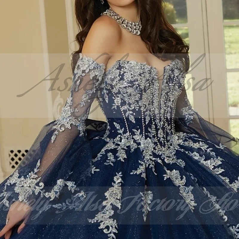 AQ225 Customized Mexican Navy Blue Prom Special Occasion Dresses Lace Applique Women Party Gown Vestido De xv Quinceanera 16 14