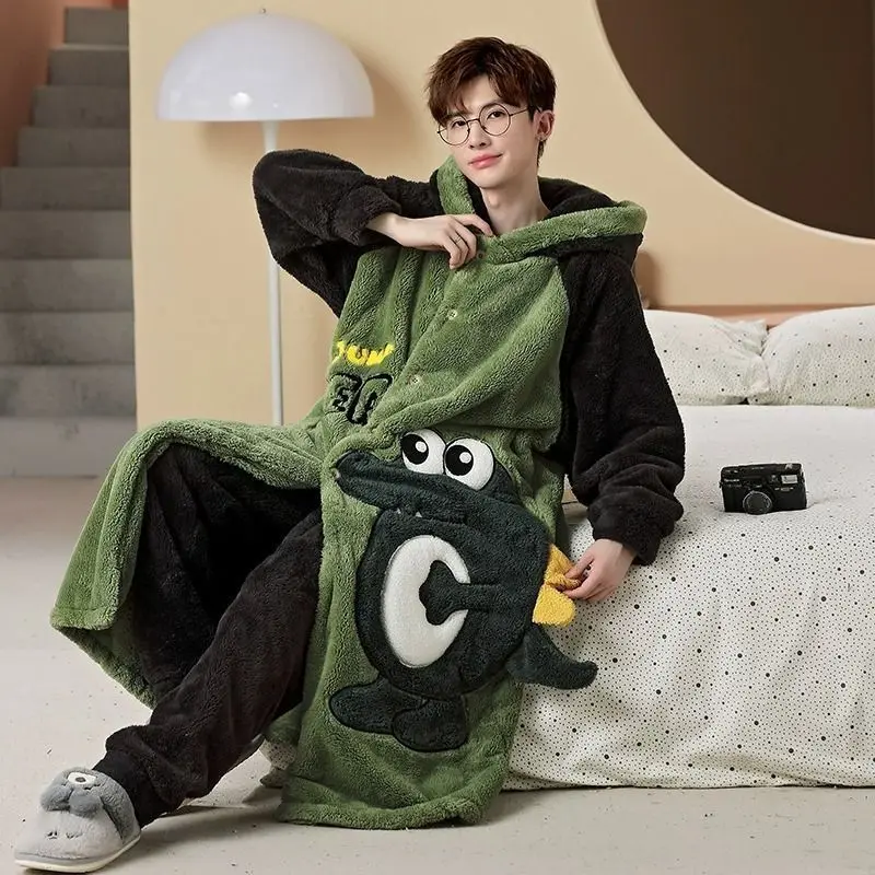 Dinosaur Pajamas Women's Robes Cartoon Couples Coral Velvet Men Nightgown Winter Thick Robe Two piece set Pijama Loung