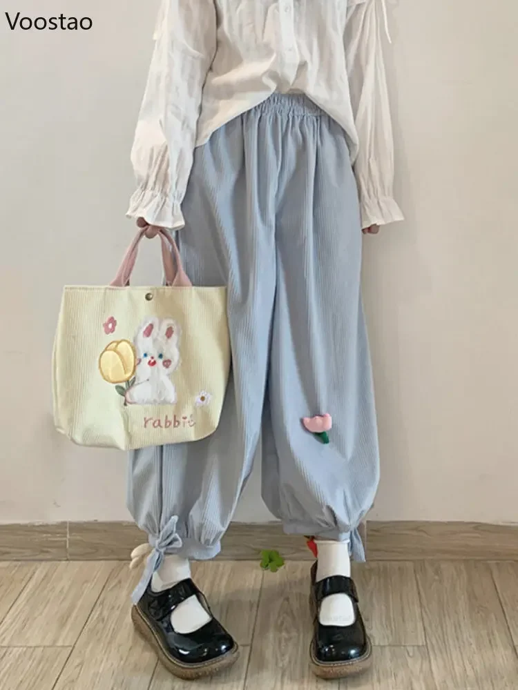 Japanese Kawaii Lolita Corduroy Pants Women Sweet High Waist Flower Appliques Trousers Loose Bloomers Girly Casual Sweatpants PA