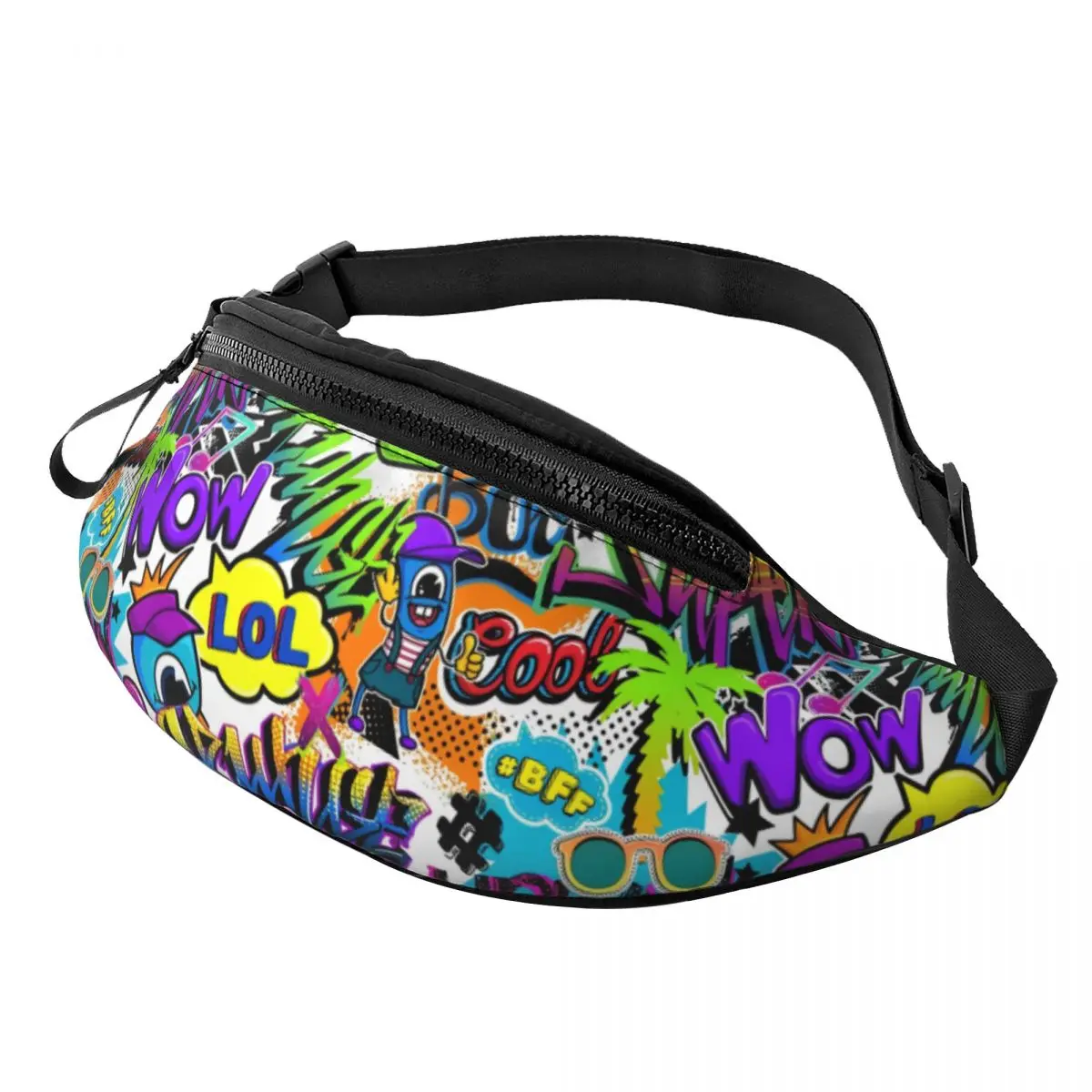 

Custom Comics Pattern With Palm Tree Graffiti Art Fanny Pack for Men Women Crossbody Waist Bag Cycling Camping Phone Money Pouch