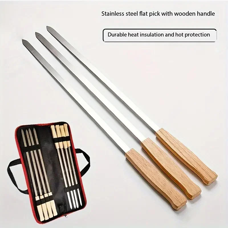 8Pcs Kabob Skewers with Wood Handle Reble Portable Rust-Proof 17 Inch Long Barbecue Stick Kabab Koobideh Maker Kebab Press Mold