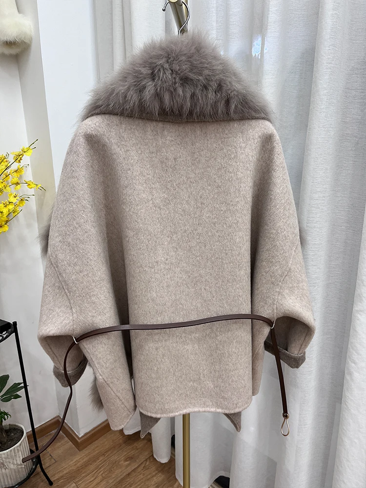 Manteau en fourrure de renard véritable naturel pour femme, grand col en fourrure, laine de cachemire, veste en laine pour femme, vêtements