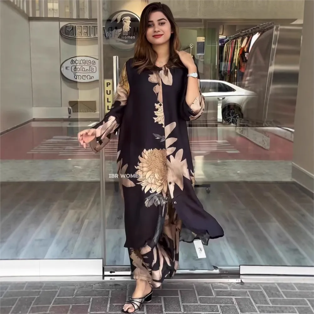 

2025 New Women's Fashion 2 Piece Set Casual Button Printed Lapel Long Shirts + Wide-leg Pants Suit Spring and Autumn Robe