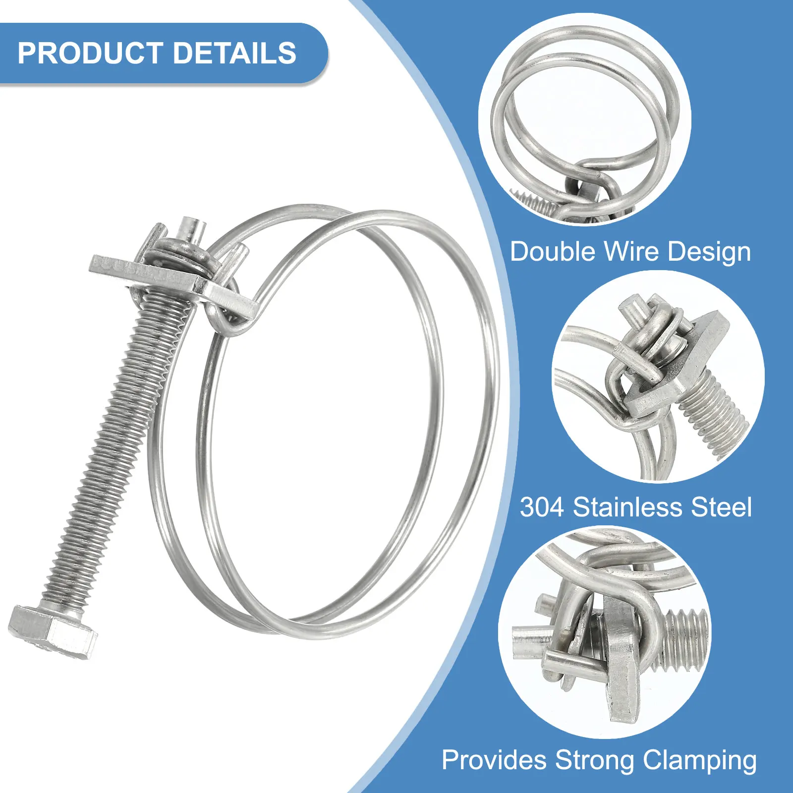 10Pcs 10-50mm Adjustable Double Wire Hose Clamp 304 Stainless Steel Pool Hose Clamps Heavy Duty Dust Collection Pump Hose Silver