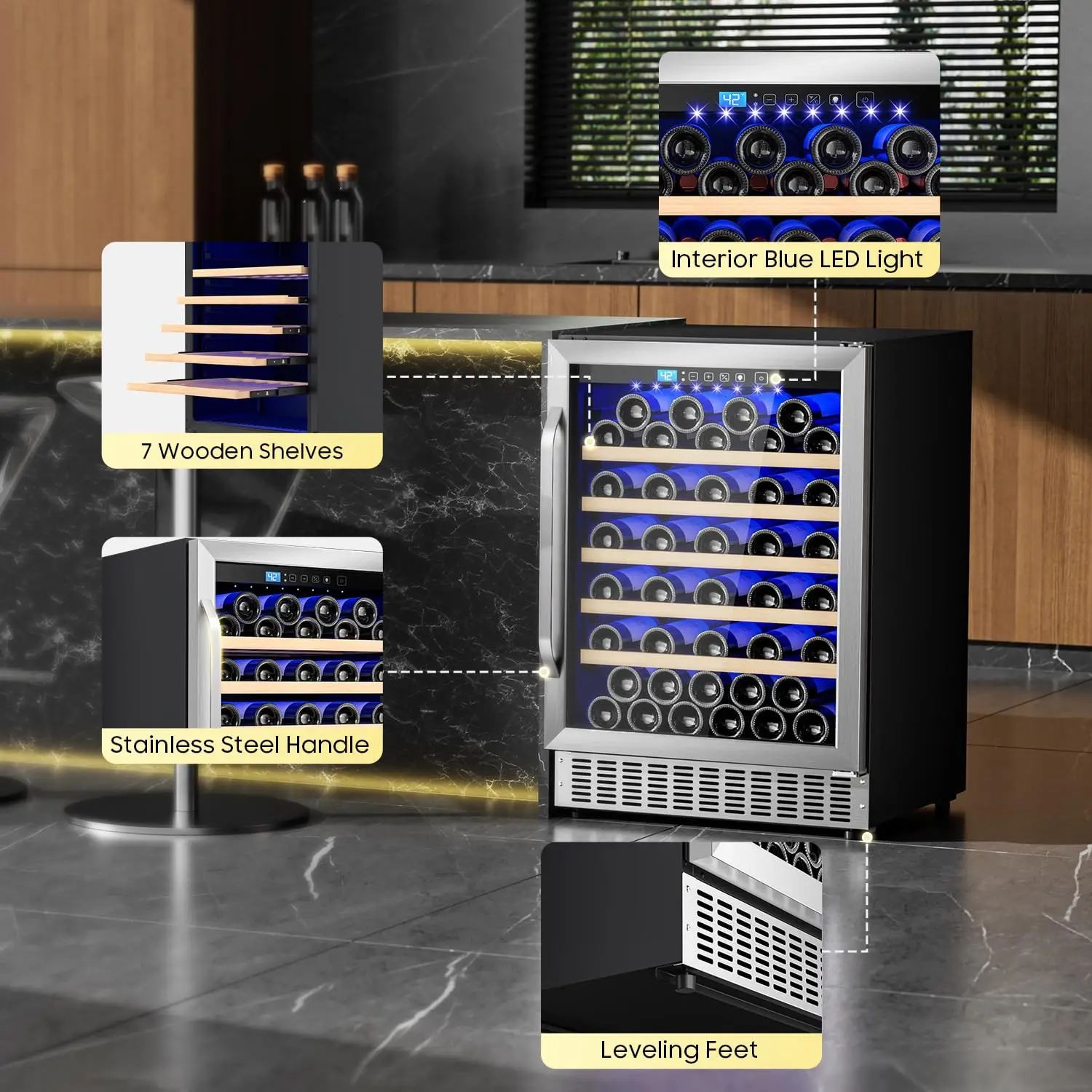 24 Inch 54 Bottle Wine Cooler Freestanding & Built in Compressor 4.9Cu.Ft w/Lock LED Display 41℉-64℉ Digital Control, Customized