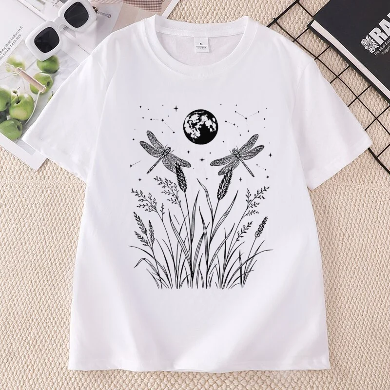 Dragonfly T Shirt Celestial Moon T-Shirt Vintage Cottagecore Wildflower Tee Boho Nature Graphic T Shirts Women Clothing