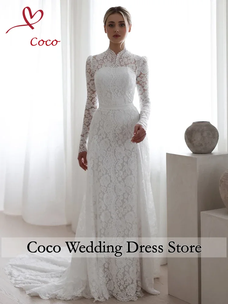Customized Lace Mermaid Wedding Dress High Neck Full Sleeves Bride Gowns Women Elegant Modest Bridal Dresses