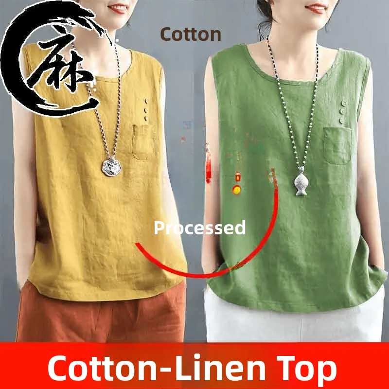 

Легкий хлопковый льняной жилет, женский летний повседневный круглый жилет Ne Loose Mom Base irt, удобный дышащий топ