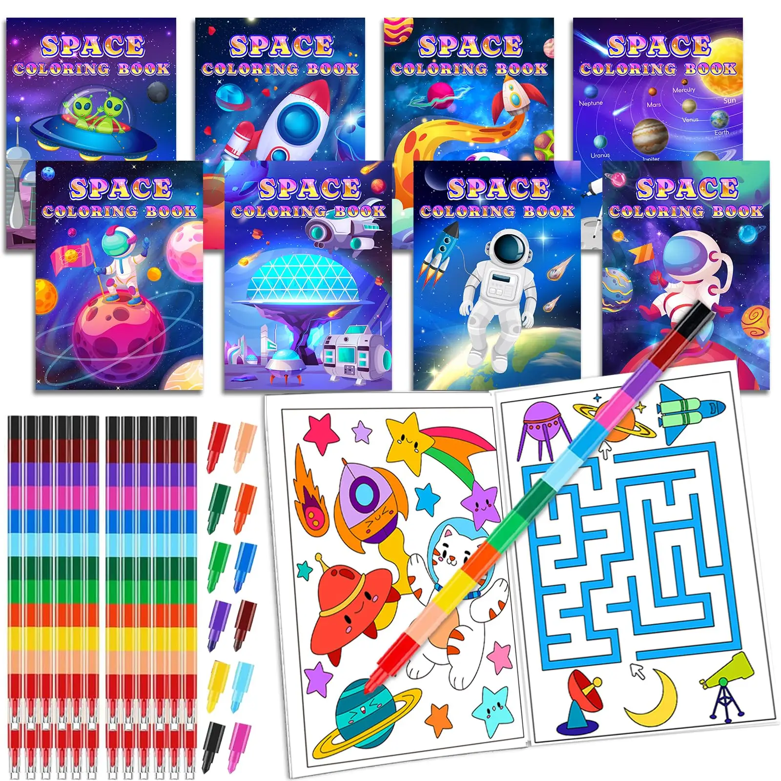 24Pcs Outer Space Coloring Books for Kids with 24 Stacking Crayons Mini Coloring Book Party Favors Bulk Gifts Alien Astronaut