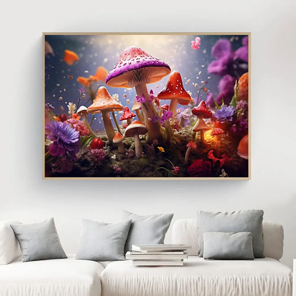 Modern Mushrooms Canvas Painting Magic Flower Insects Fantastical Landscape Posters and Prints for Living Room Wall Decor