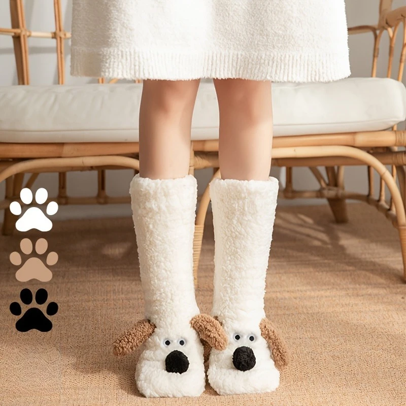 Women Cute 3D Puppy Fluffy Plush Long Socks Winter Warm Soft Non‑Slip Indoor Sleeping Floor Slipper Socks Cozy Gift For Girls