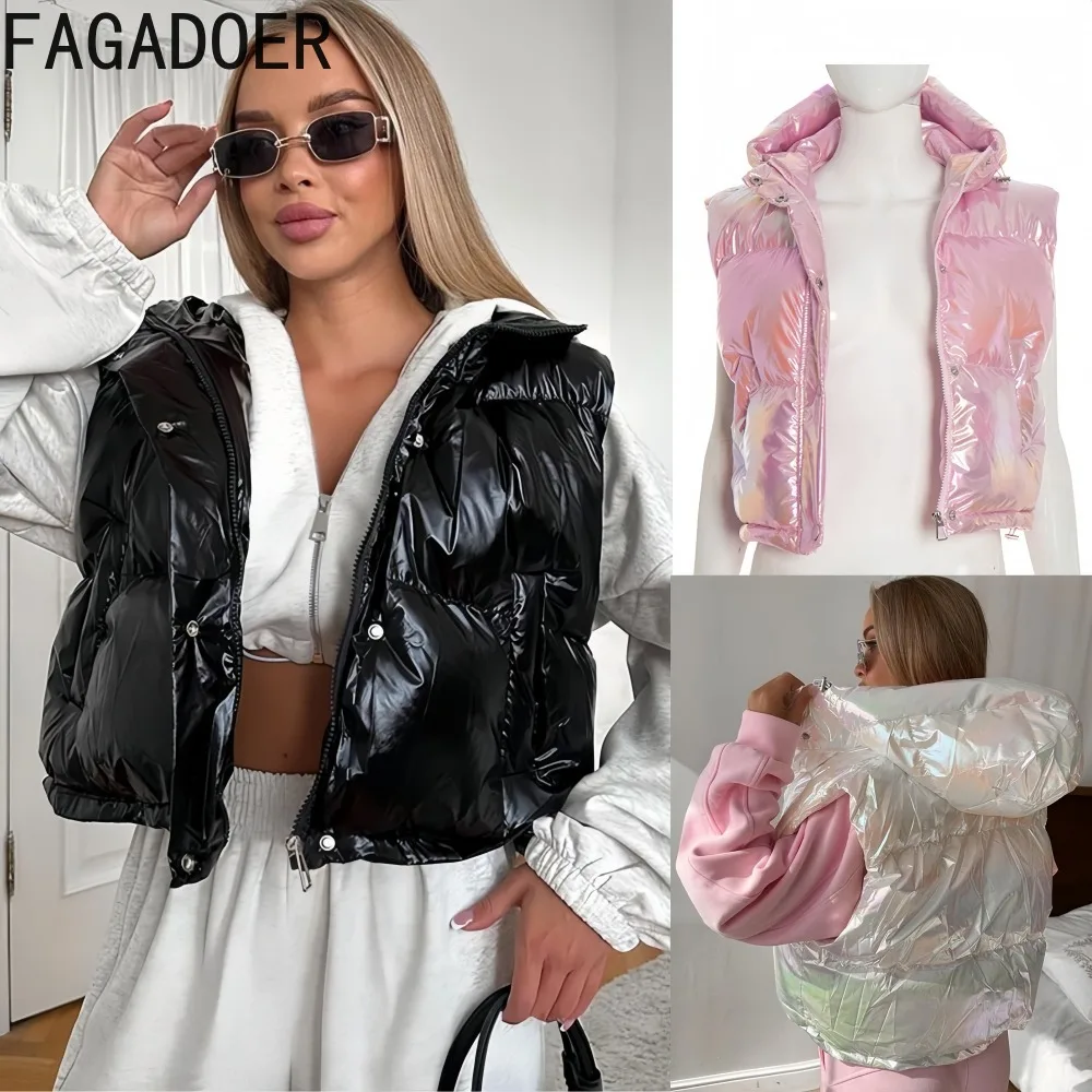 

FAGADOER Fashion Drawstring Patchwork Coat Women Sleeveless Glossy Finish Hood Zip Crop Jacket Female Streetwear Clothing New