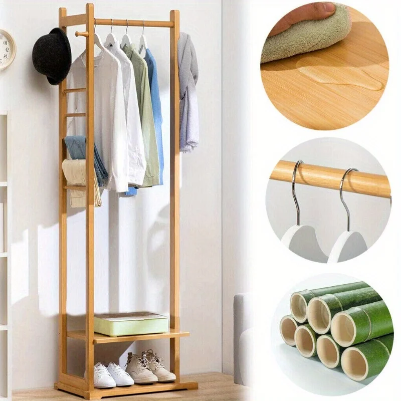 Premium Bamboo Coat Stand Corner Clothes Rack Garment Shelf Hanging Rail Hooks