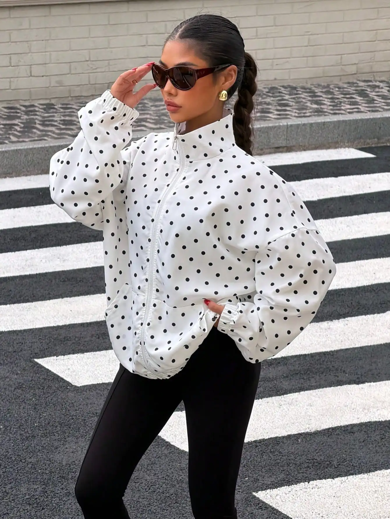 Women Polka Dot Stand Collar Zip Up Jacket Oversized Long Sleeve Loose Casual Windbreaker Coat With Pockets Streetwear
