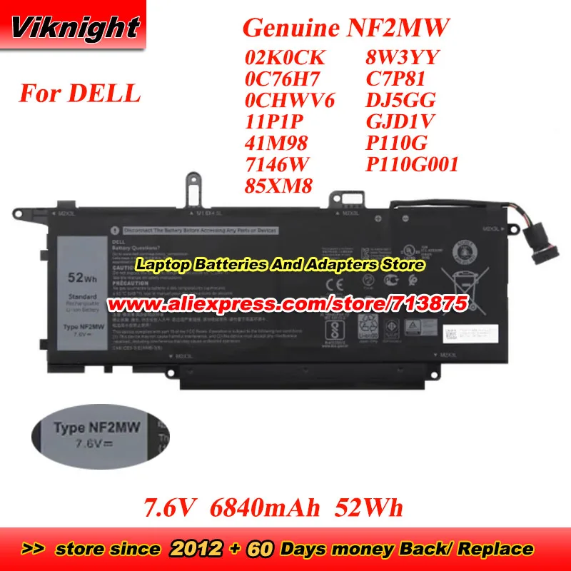 

Оригинальный аккумулятор NF2MW 7146W 2K0CK C76H7 0CHWV6 11P1P 41M98 85XM8 8W3YY C7P81 GJD1V для DELL Latitude 14 9410 2-в-1 7260 7270