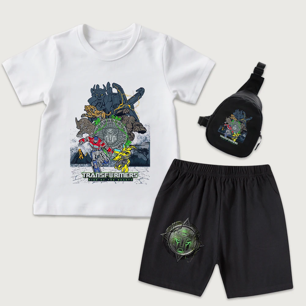 

Детская хлопковая футболка с принтом Transformers Ultimate Faction, шорты, мини-сумка на грудь, комплект из 3 предметов, повседневная летняя одежда для мальчиков и девочек