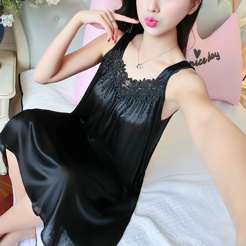 Large Size Ice Silk Halter Nightgown Female Summer Sexy Lace Nightgown Dress School Pajama Solid Colour Easy to Clean Home Wear