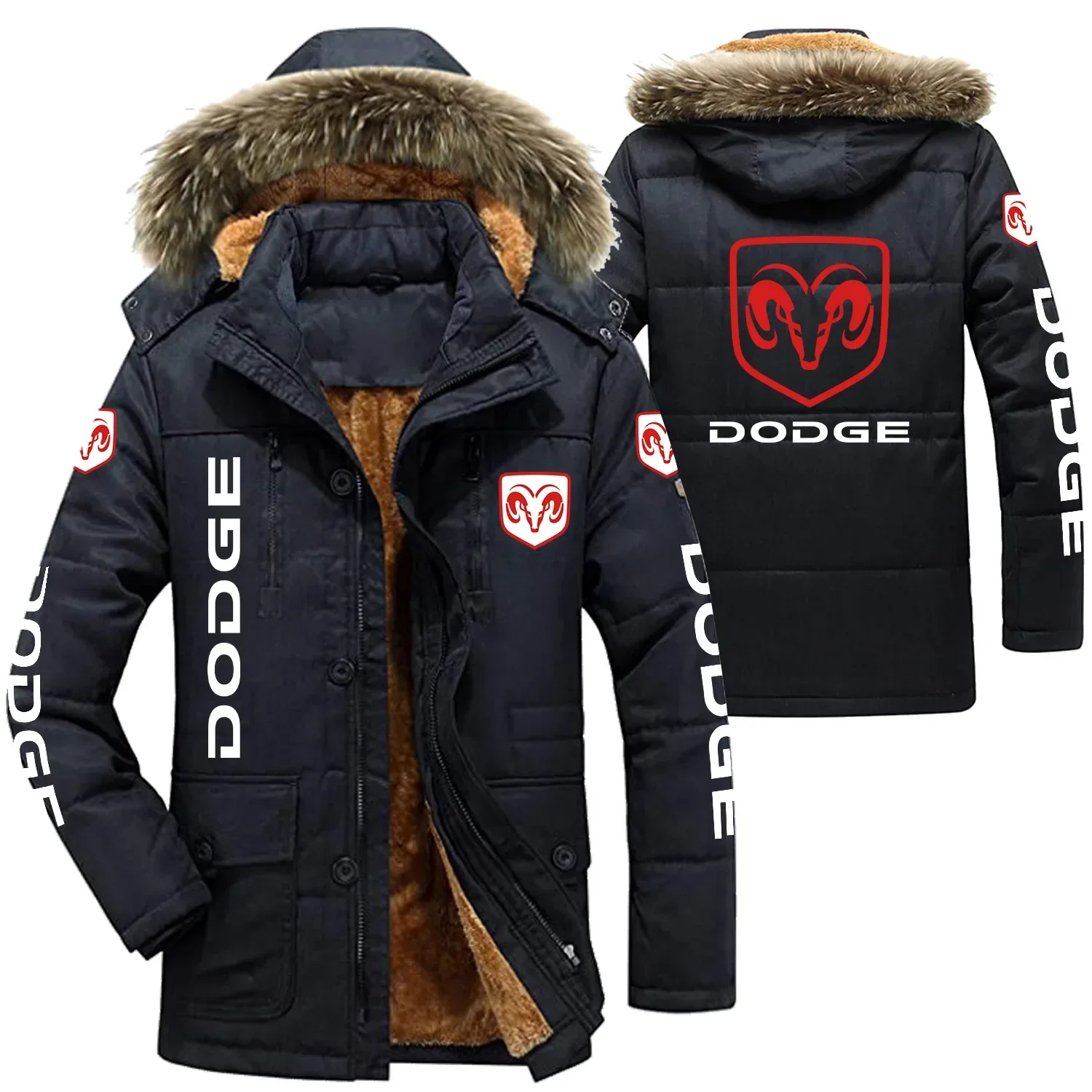 DODGE Logo Men's Winter Cotton Jackets Hooded Parkas Lamb Fur Lining Plush Men Cold Thickening Fashion Motorcycle Jacket