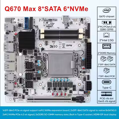 Topton Q670 NAS Motherboard Max 8*SATA 6*M.2 NVMe 2*DDR5 Intel vPRO LGA1700 1*PCIE5.0x16 2*2.5G LAN Firewall Mini ITX Mainboard